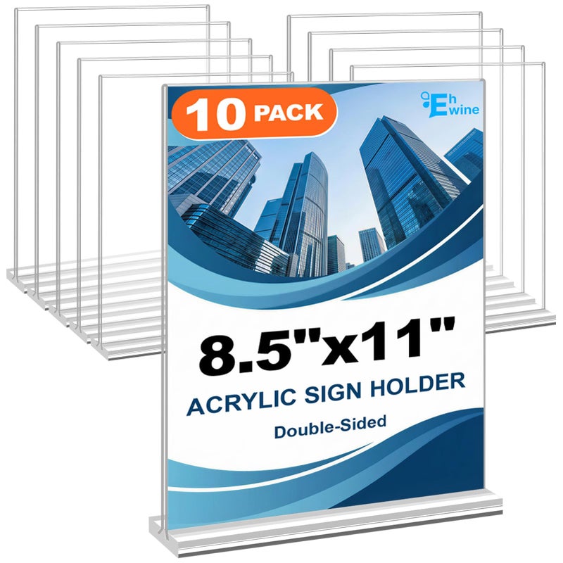 EHWINE Acrylic Sign Holder 8.5 x 11, 10 Pack Double-Sided Stand up Table Top Sign Holders, Clear Acrylic Picture Frame Menu Flyer Paper Holder Display Stand for Office Business Store Wedding Party - Image 1