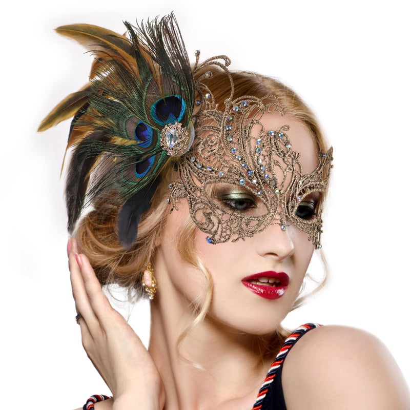 Zinniday Gold Masquerade Masks for Women - Handmade 1920s Peacock Lace Mask with Removable Feather 1950s Antique Venetian Eyemask for Woman Cosplay Halloween Party Evening Carnival Prom Renaissance - Image 1