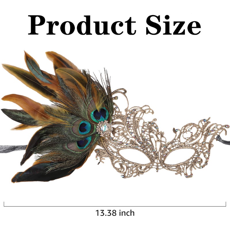 Zinniday Gold Masquerade Masks for Women - Handmade 1920s Peacock Lace Mask with Removable Feather 1950s Antique Venetian Eyemask for Woman Cosplay Halloween Party Evening Carnival Prom Renaissance - Image 2