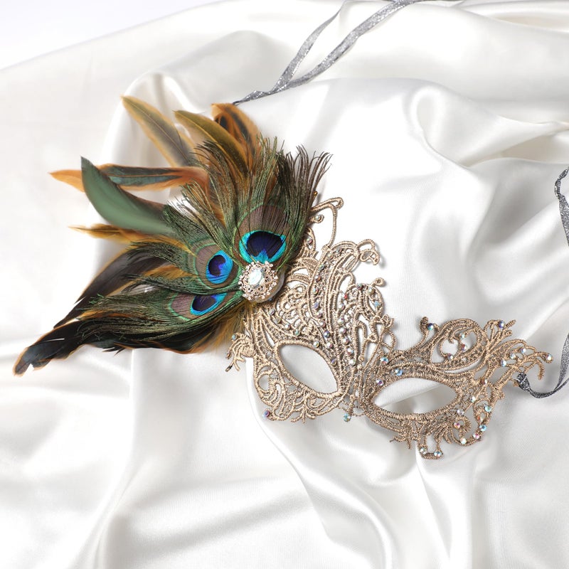 Zinniday Gold Masquerade Masks for Women - Handmade 1920s Peacock Lace Mask with Removable Feather 1950s Antique Venetian Eyemask for Woman Cosplay Halloween Party Evening Carnival Prom Renaissance - Image 3
