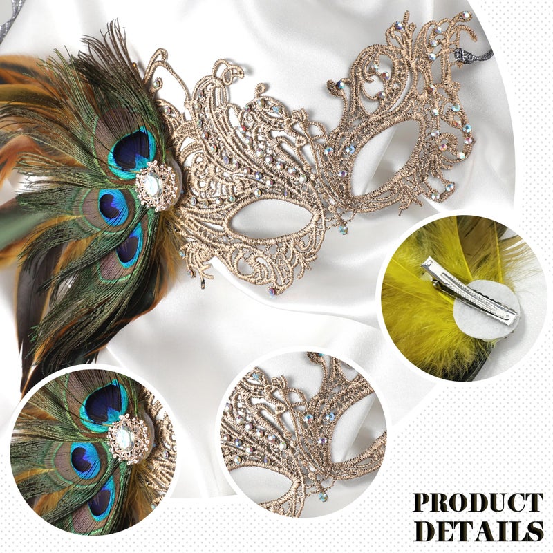 Zinniday Gold Masquerade Masks for Women - Handmade 1920s Peacock Lace Mask with Removable Feather 1950s Antique Venetian Eyemask for Woman Cosplay Halloween Party Evening Carnival Prom Renaissance - Image 5