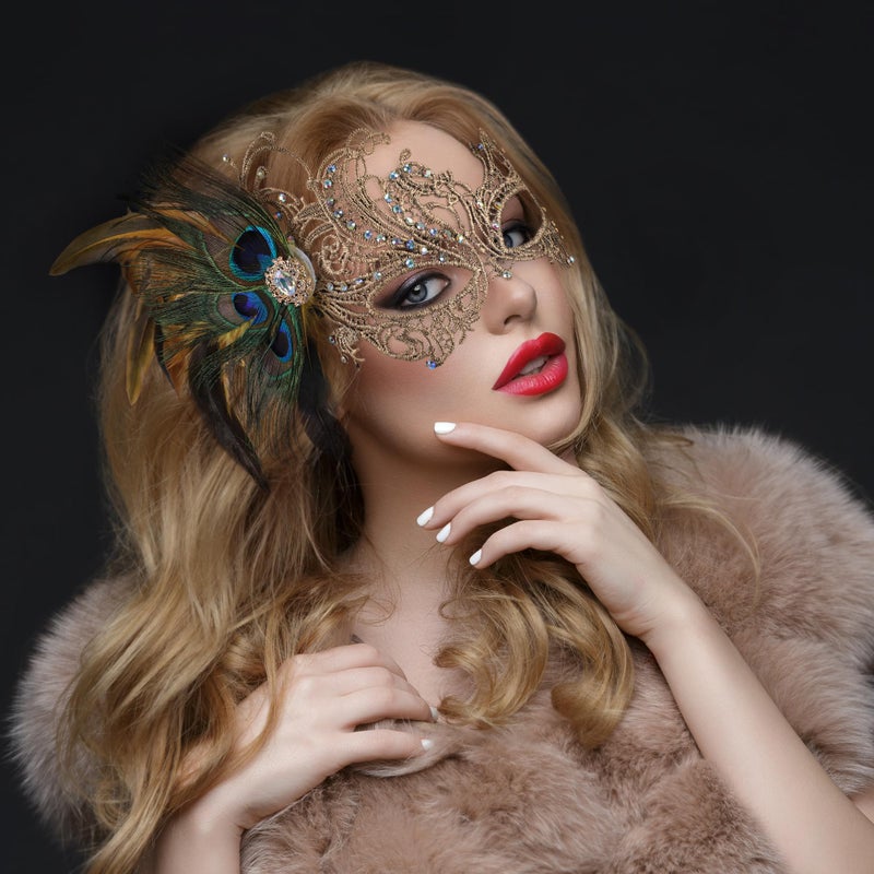 Zinniday Gold Masquerade Masks for Women - Handmade 1920s Peacock Lace Mask with Removable Feather 1950s Antique Venetian Eyemask for Woman Cosplay Halloween Party Evening Carnival Prom Renaissance - Image 4