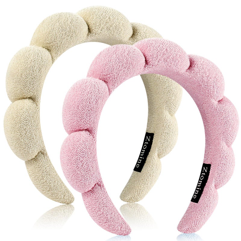 Ztomine Headband, Set of 2 - Terry Cloth Spa Headbands for Washing Face or Facial, Puffy Makeup Headbands for Face Washing, Mask - 1 Beige + 1 Pink - Image 1