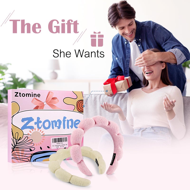 Ztomine Headband, Set of 2 - Terry Cloth Spa Headbands for Washing Face or Facial, Puffy Makeup Headbands for Face Washing, Mask - 1 Beige + 1 Pink - Image 5