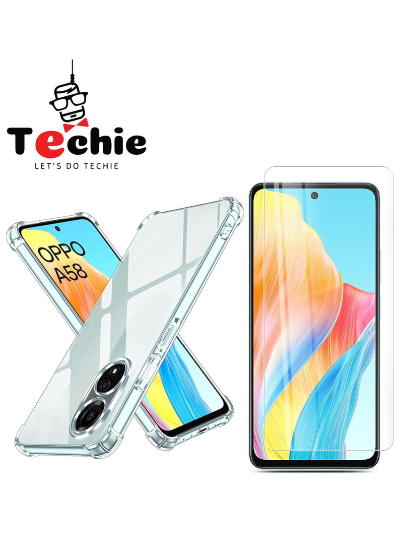 Techie حافظة Oppo A58 وحزمة واقي الشاشة مجمعة 2 في 1 - حافظة شفافة من TPU مع واقي زجاجي مقسى بدقة HD - Image 1