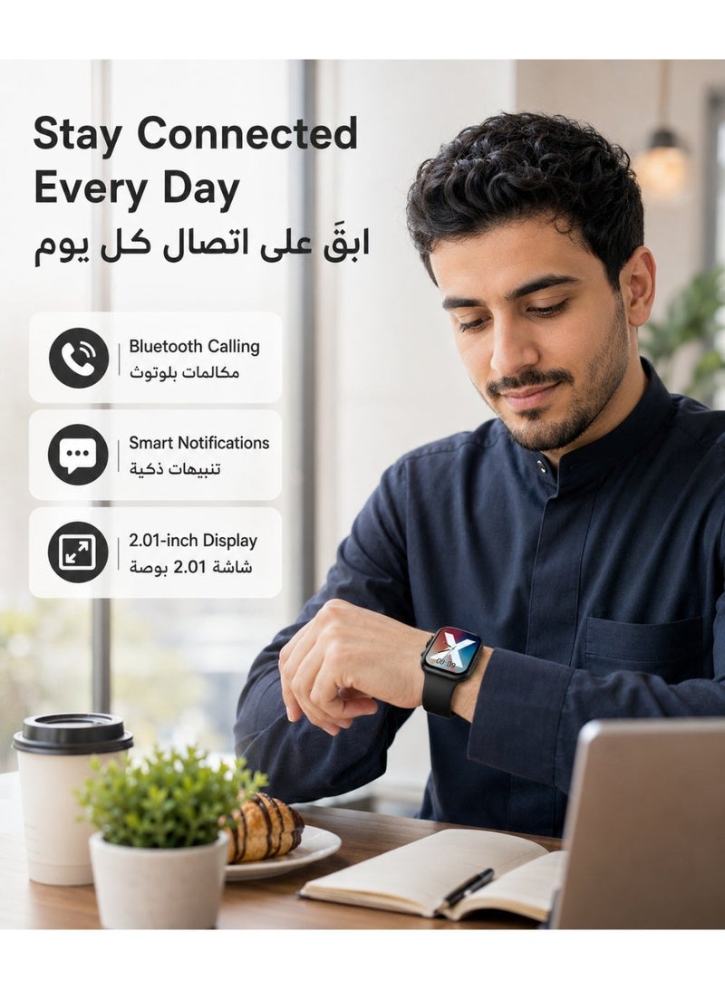 ساعة S12 MAX الذكية بشاشة TFT مقاس 2.01 بوصة، اتصال بلوتوث، شحن لاسلكي، قياس معدل القلب، الأكسجين في الدم، ضغط الدم، تتبع النوم والرياضة، ساعة ذكية متعددة اللغات للرجال والنساء والأطفال - Image 2