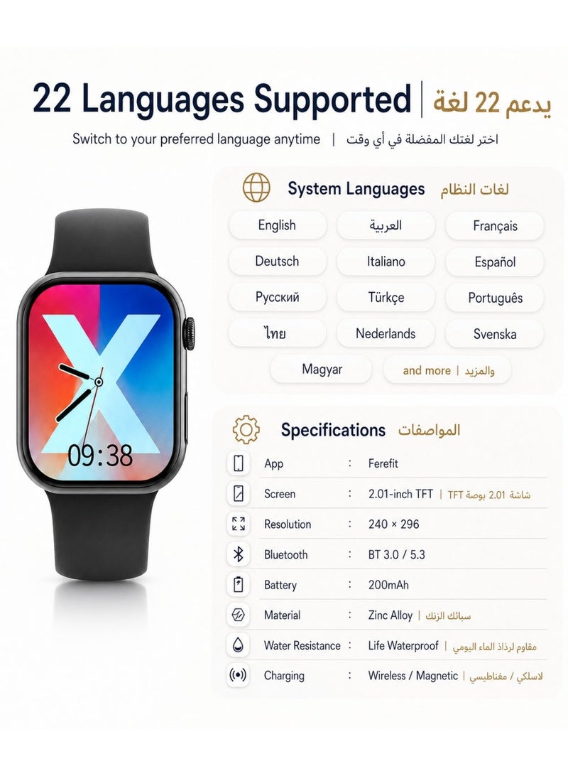 ساعة S12 MAX الذكية بشاشة TFT مقاس 2.01 بوصة، اتصال بلوتوث، شحن لاسلكي، قياس معدل القلب، الأكسجين في الدم، ضغط الدم، تتبع النوم والرياضة، ساعة ذكية متعددة اللغات للرجال والنساء والأطفال - Image 4
