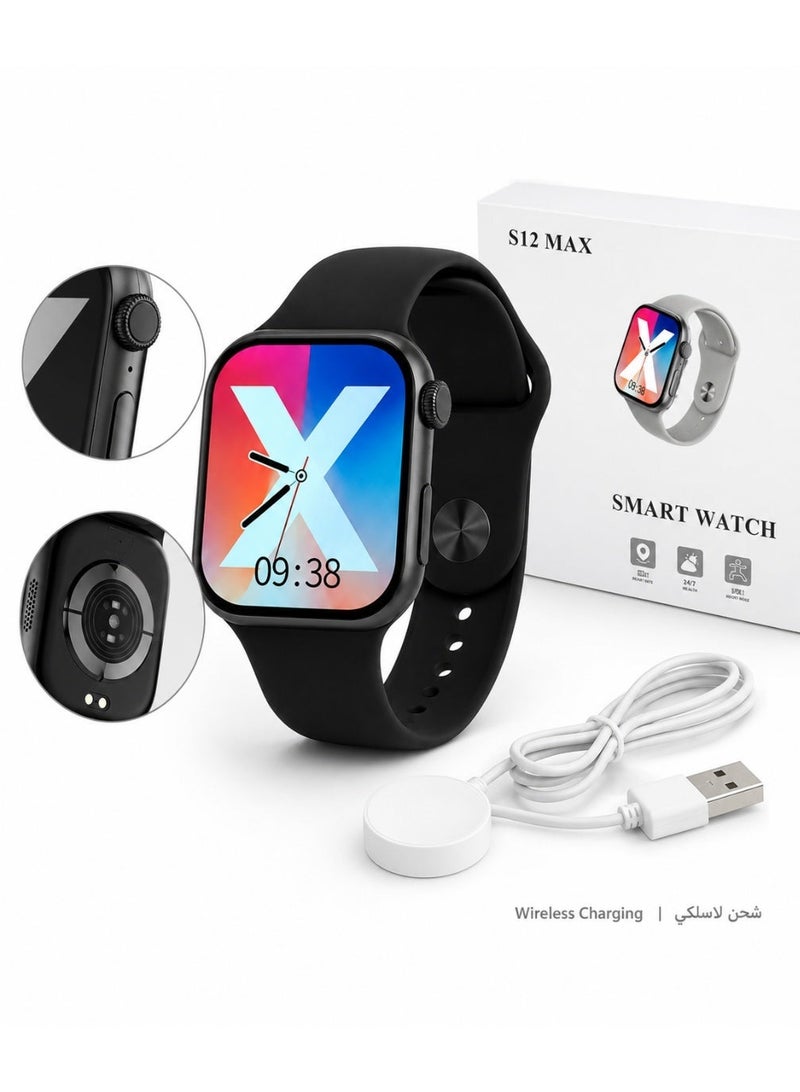 ساعة S12 MAX الذكية بشاشة TFT مقاس 2.01 بوصة، اتصال بلوتوث، شحن لاسلكي، قياس معدل القلب، الأكسجين في الدم، ضغط الدم، تتبع النوم والرياضة، ساعة ذكية متعددة اللغات للرجال والنساء والأطفال - Image 1