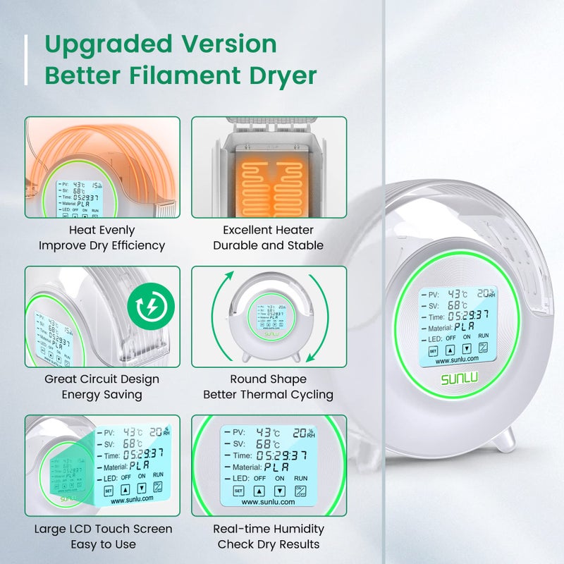 SUNLU Official Filament Dryer S2 Plus, 70â„ƒ Max Temperature, Built-in Circulation Fan, 3D Printer Filament Storage Box Filament Dehydrator, Nylon TPU PLA PETG ABS 3D Printer Filament Dryer Box, White - Image 4
