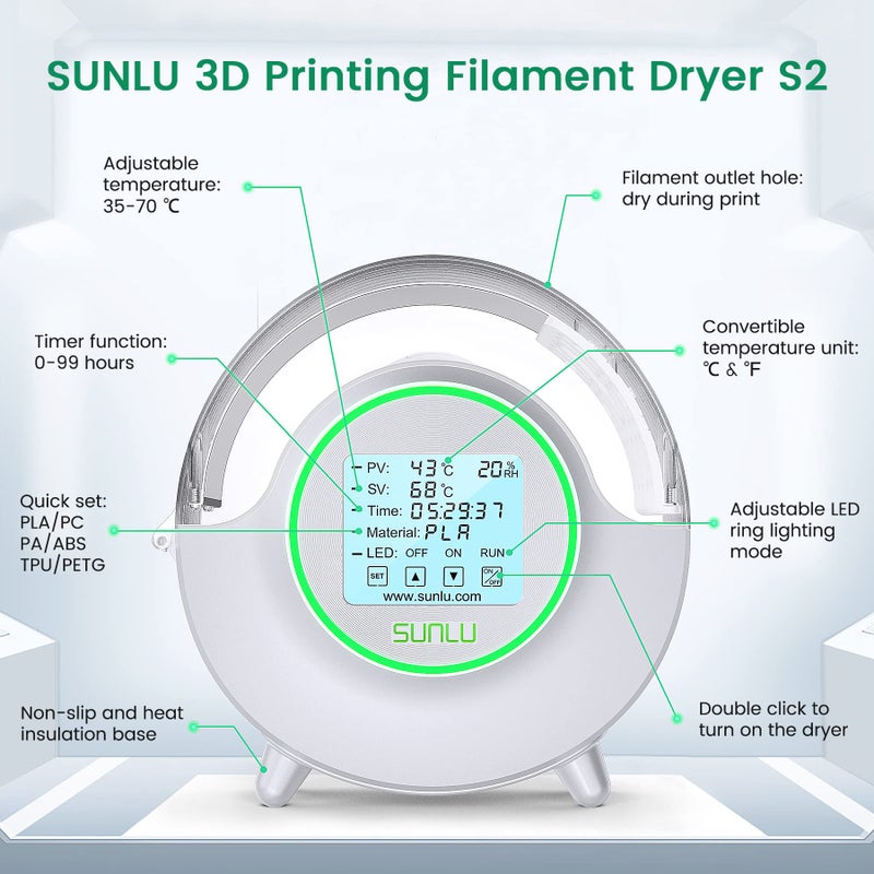 SUNLU Official Filament Dryer S2 Plus, 70â„ƒ Max Temperature, Built-in Circulation Fan, 3D Printer Filament Storage Box Filament Dehydrator, Nylon TPU PLA PETG ABS 3D Printer Filament Dryer Box, White - Image 5