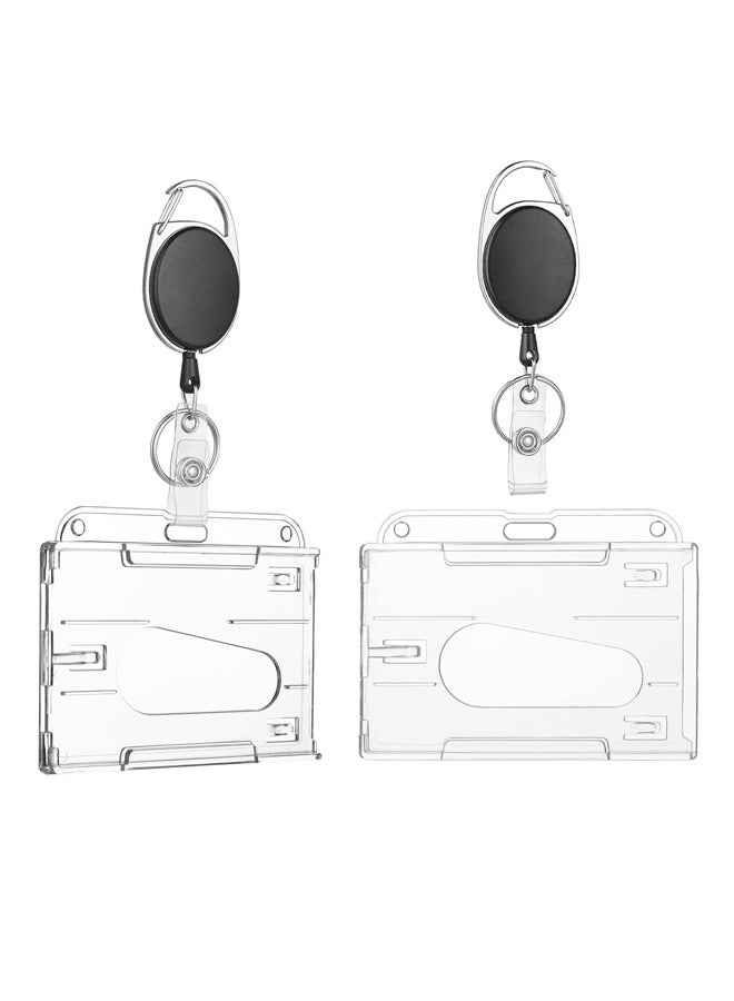 GUSGU 2 Pack Hard Plastic Badge Holders with Heavy Duty Badge Reels,Transparent Thumb Slot PC Hard Plastic Card Protector for Nurse Doctor Teacher Office School Hospitl Credit Card Key(Horizontal) - Image 1