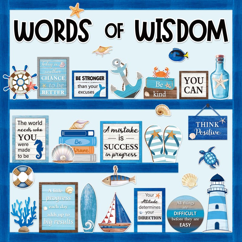 Mooliwe 57 Pcs Nautical Bulletin Board Set Inspirational Ocean Bulletin Board Decoration Positive Cutout Classroom Decoration for School Office Home Teacher Classroom Wall Supplies - Image 1
