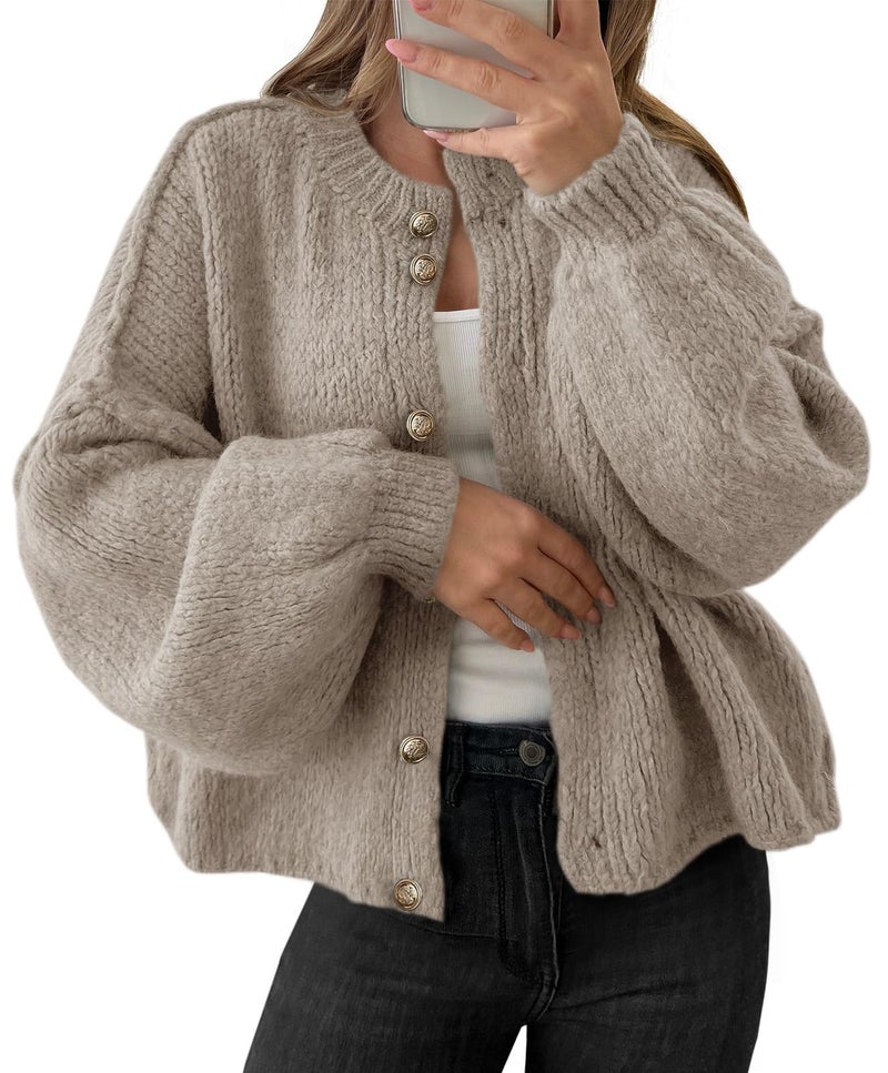 Saodimallsu Womens Oversized Cardigans Button Up Long Lantern Sleeve Chunky Knit Casual Soft Fall Sweater Coats Khaki - Image 1