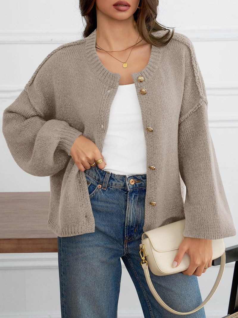 Saodimallsu Womens Oversized Cardigans Button Up Long Lantern Sleeve Chunky Knit Casual Soft Fall Sweater Coats Khaki - Image 2