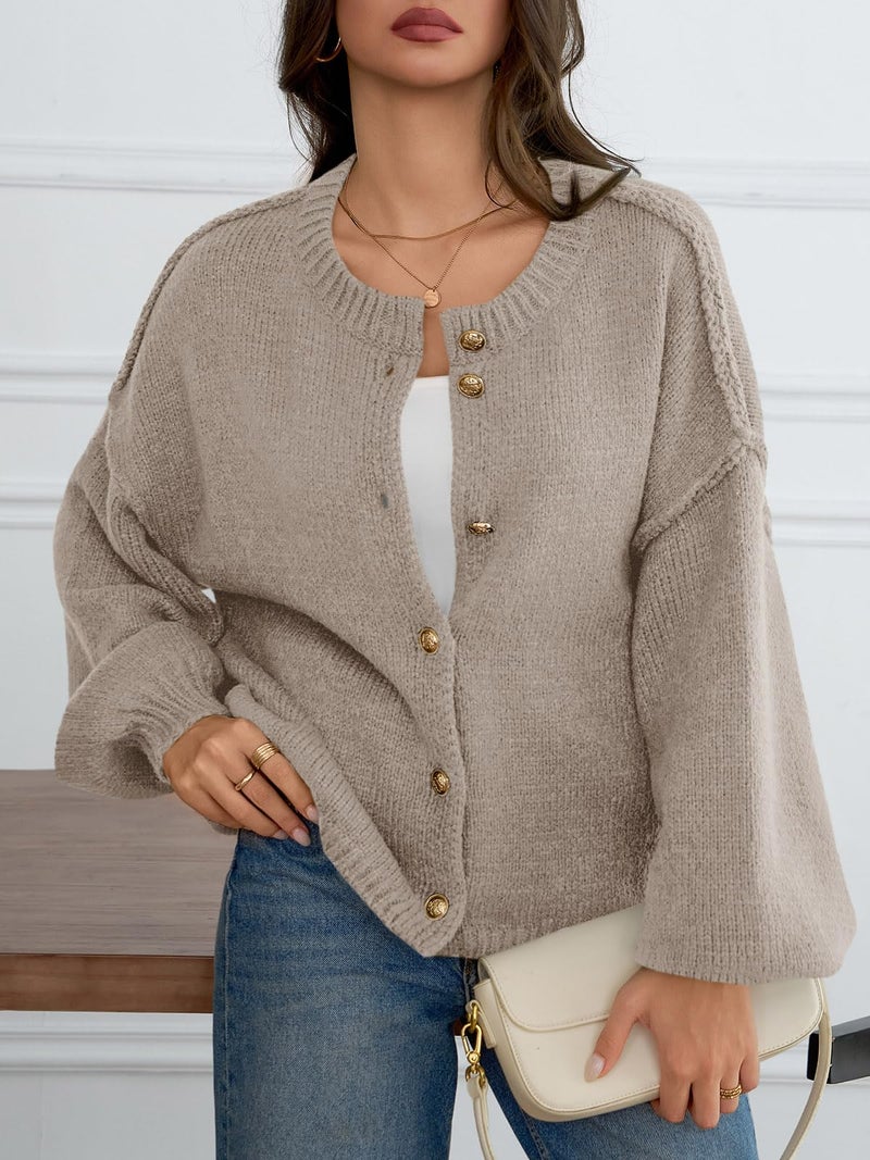 Saodimallsu Womens Oversized Cardigans Button Up Long Lantern Sleeve Chunky Knit Casual Soft Fall Sweater Coats Khaki - Image 3