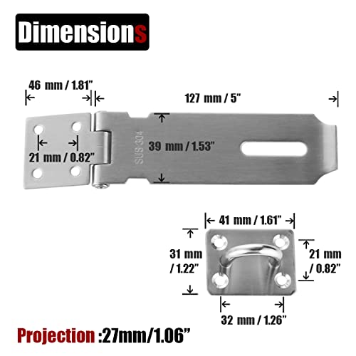 JQK Door Hasp Latch Lock, 5 Inch 304 Stainless Steel Safety Packlock Clasp Thickness 1.9 mm, Brushed Steel, DL130-BN - Image 2