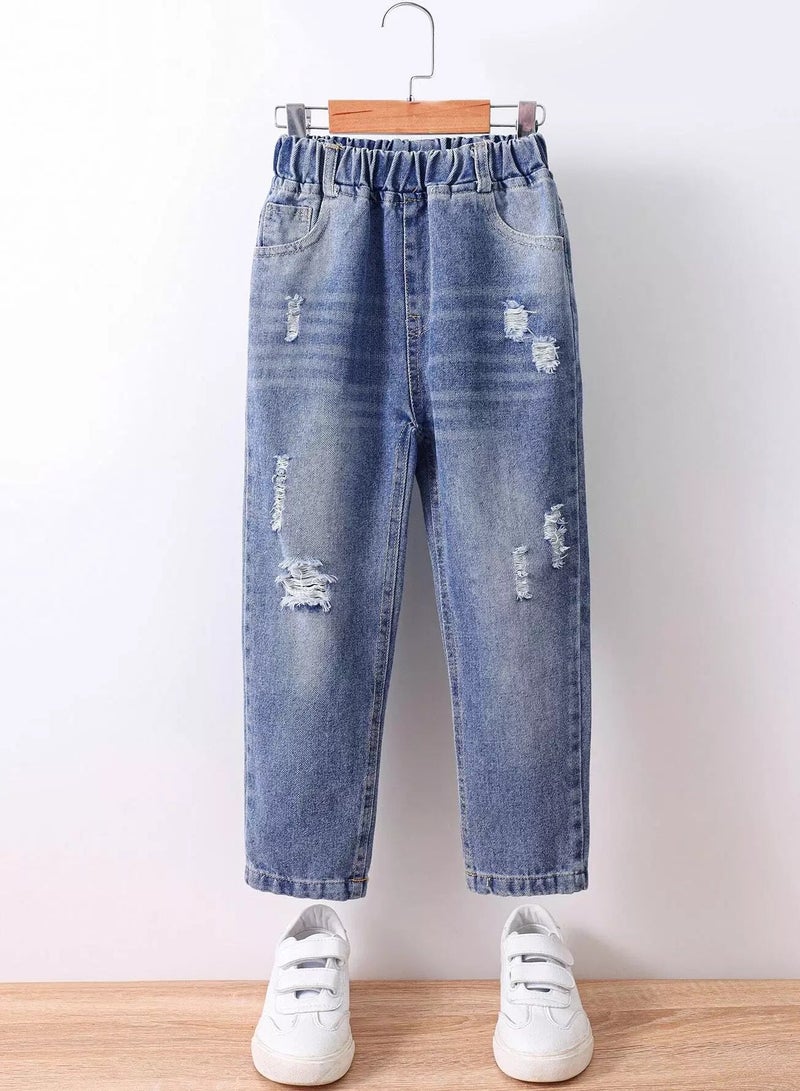 Girls Ripped Elastic Waist Jeans  - Image 1