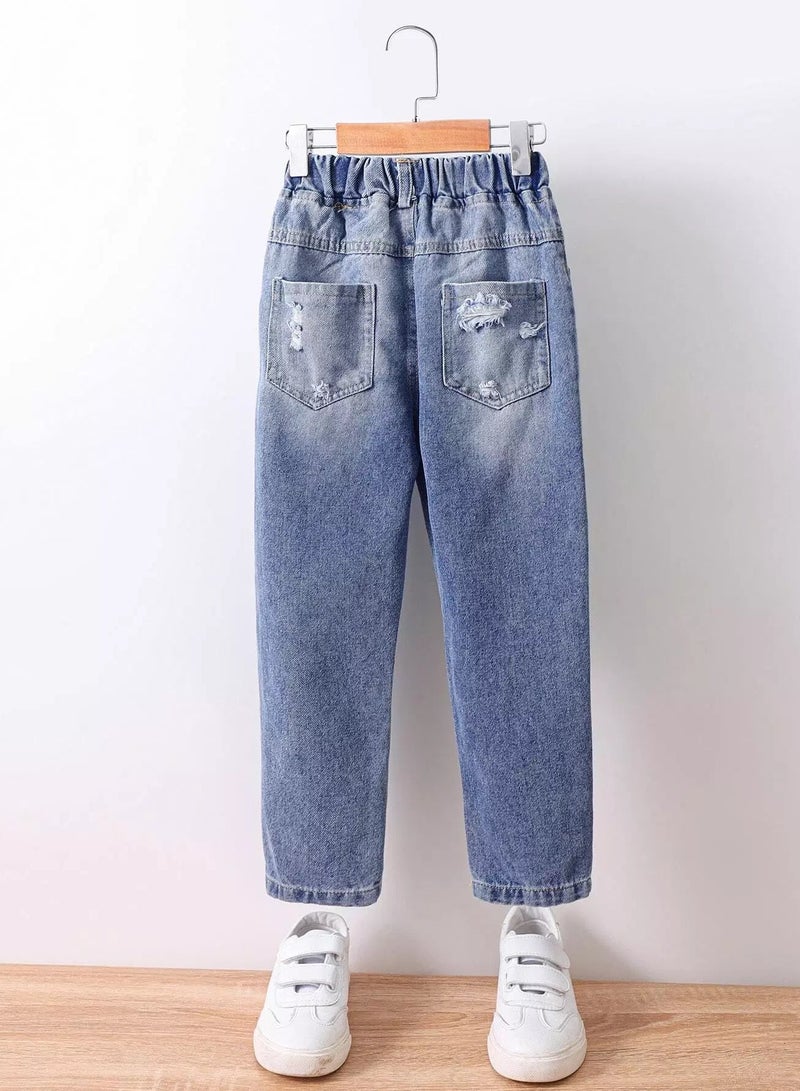 Girls Ripped Elastic Waist Jeans  - Image 2