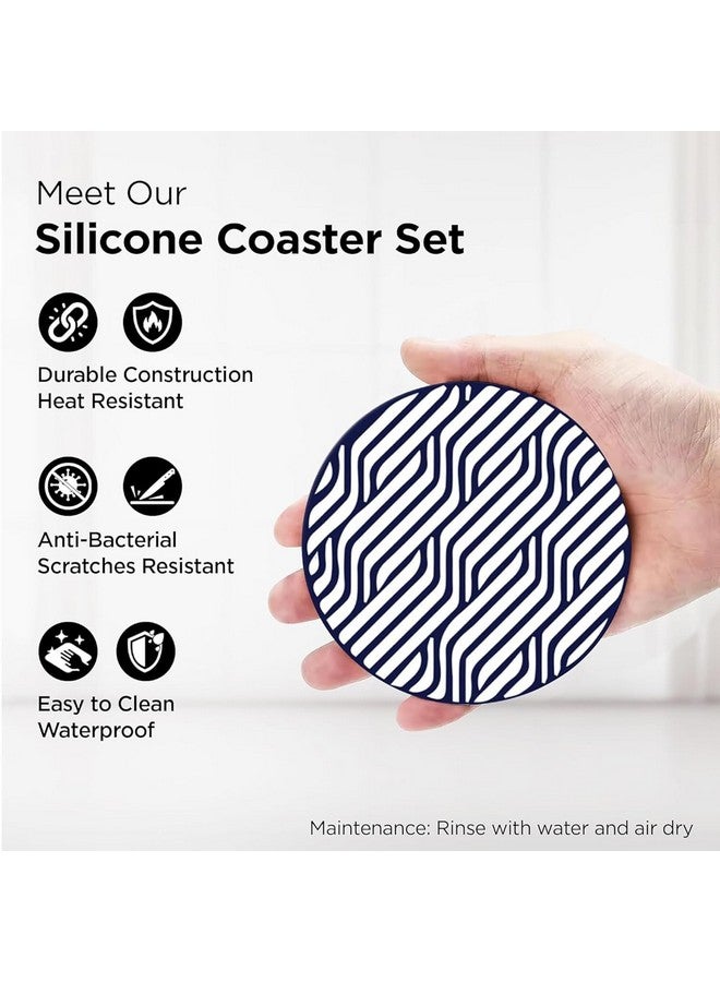 Urbane Home Urbane Home 6 Pcs Anti-Skid Tea Coaster with Holder - Silicone Round Tea Cup & Water Glass Cover Top Lid for Teapoy - Navy Blue&White  - Image 4