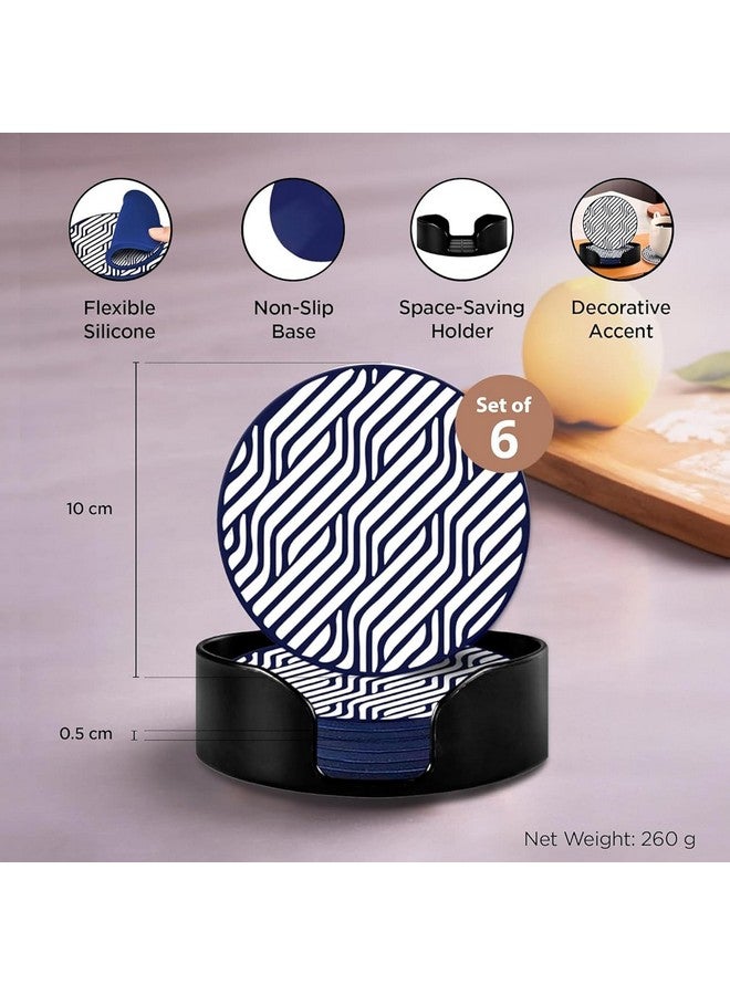 Urbane Home Urbane Home 6 Pcs Anti-Skid Tea Coaster with Holder - Silicone Round Tea Cup & Water Glass Cover Top Lid for Teapoy - Navy Blue&White  - Image 3
