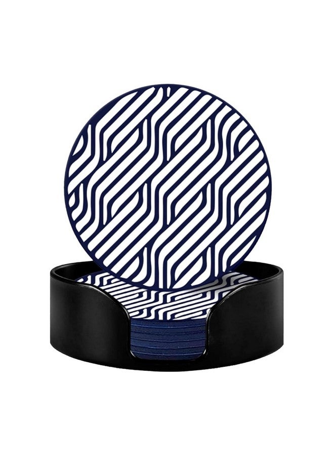 Urbane Home Urbane Home 6 Pcs Anti-Skid Tea Coaster with Holder - Silicone Round Tea Cup & Water Glass Cover Top Lid for Teapoy - Navy Blue&White  - Image 1
