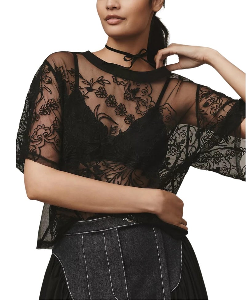 OPCAKM Lace Tops for Women Sexy Short Sleeve Mesh Tops Embroidered Sheer Lace T-Shirts See Through Blouse(Black-S) - Image 1