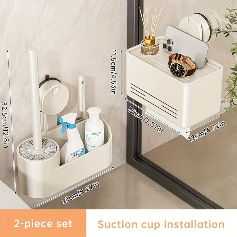 حامل مناشف ورقية أبيض فردي حامل فرشاة مرحاض مثبت على الحائط بكأس شفط - Image 3