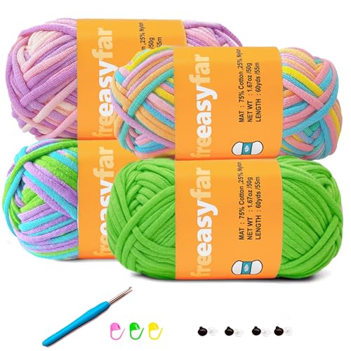 FREEASYFAR 4x50g Beginner Easy Yarn Kit for Crocheting and Knitting WorstedWeight Medium 4Crocheting and Knitting kit with Tool Set CoralOceanPeriwinkleGreen 4 Skein - Image 1
