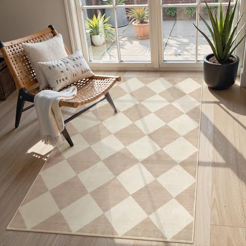 Beeiva Checkered Print 3x5 Washable Area Rug for Bedroom, Non Slip Ultra Thin Beige Entryway Rug Non Shedding Kitchen Rug 3x5, Modern Checkerboard Carpet Plaid Decor for Bathroom Office Nursery - Image 1