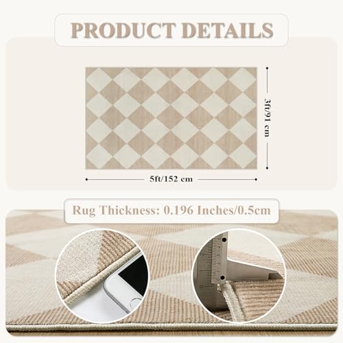 Beeiva Checkered Print 3x5 Washable Area Rug for Bedroom, Non Slip Ultra Thin Beige Entryway Rug Non Shedding Kitchen Rug 3x5, Modern Checkerboard Carpet Plaid Decor for Bathroom Office Nursery - Image 5