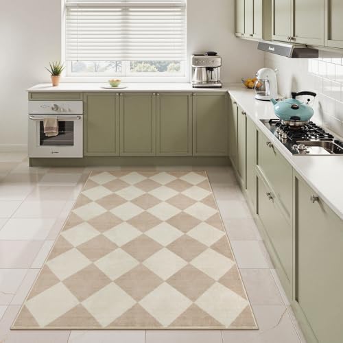 Beeiva Checkered Print 3x5 Washable Area Rug for Bedroom, Non Slip Ultra Thin Beige Entryway Rug Non Shedding Kitchen Rug 3x5, Modern Checkerboard Carpet Plaid Decor for Bathroom Office Nursery - Image 3