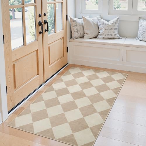 Beeiva Checkered Print 3x5 Washable Area Rug for Bedroom, Non Slip Ultra Thin Beige Entryway Rug Non Shedding Kitchen Rug 3x5, Modern Checkerboard Carpet Plaid Decor for Bathroom Office Nursery - Image 2