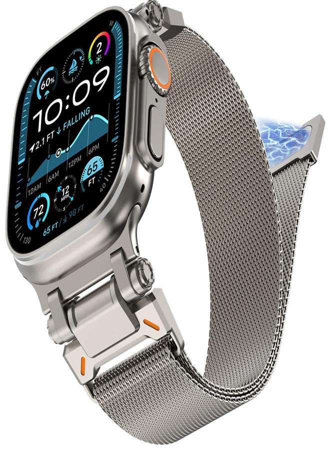 WINGLE Milanese Loop for Apple Watch Band Ultra 3/2/1 Band 49mm Series 11 10 46mm 45mm 44mm 42mm SE 3/2/1 9 8 7 6 5 4 3 Men, Magnetic Mesh Stainless Steel Metal Connector iWatch Strap, Titanium - Image 1
