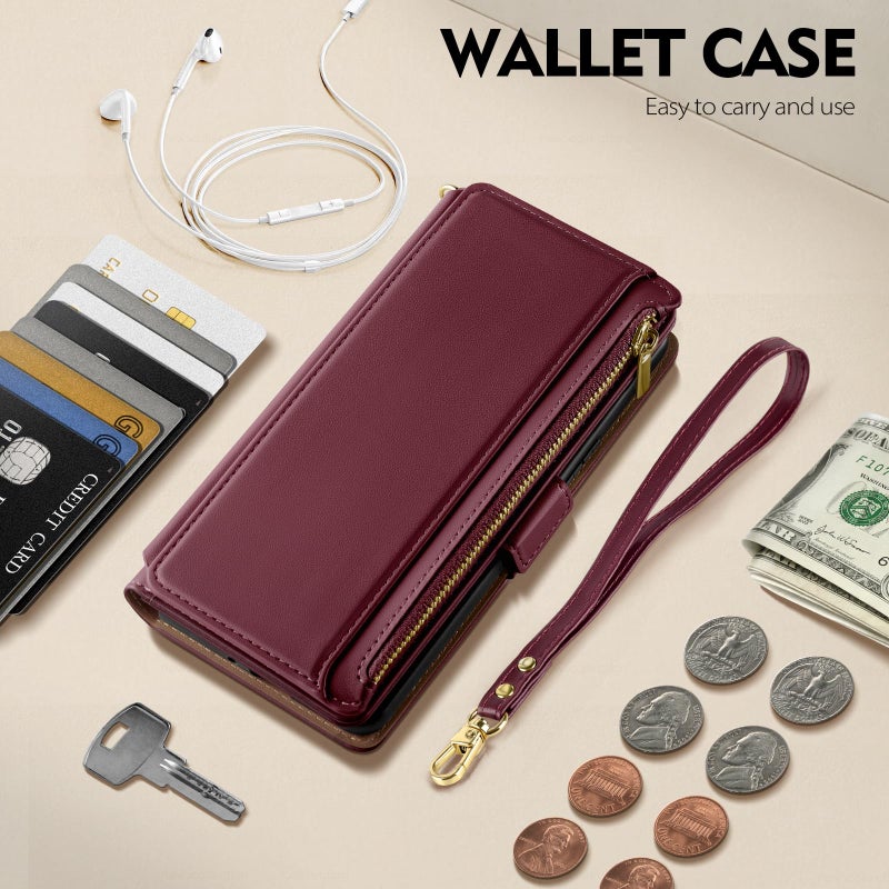 Antsturdy Compatible with Samsung Galaxy A16 5G Case Wallet with Card Holder Women Men Phone Case RFID Blocking PU Leather Flip Protective Cover Wrist Strap Zipper Credit Card Slots,Wine Red - Image 2