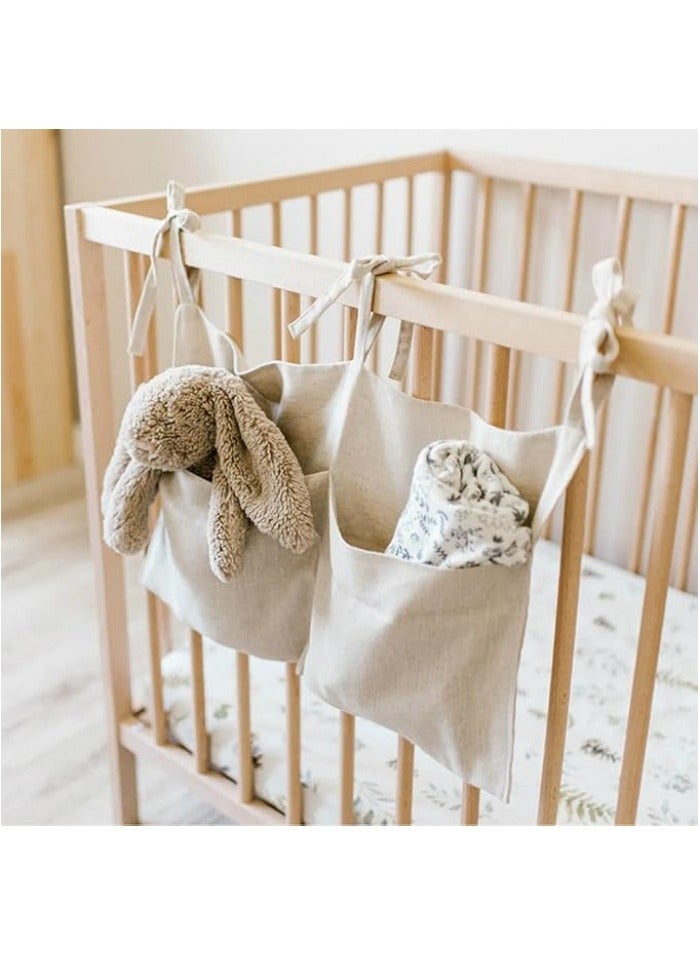 Linen Baby Bedside Hanging Storage Bag,2 Pockets Organizer for Baby Cribs and Toys - Image 2