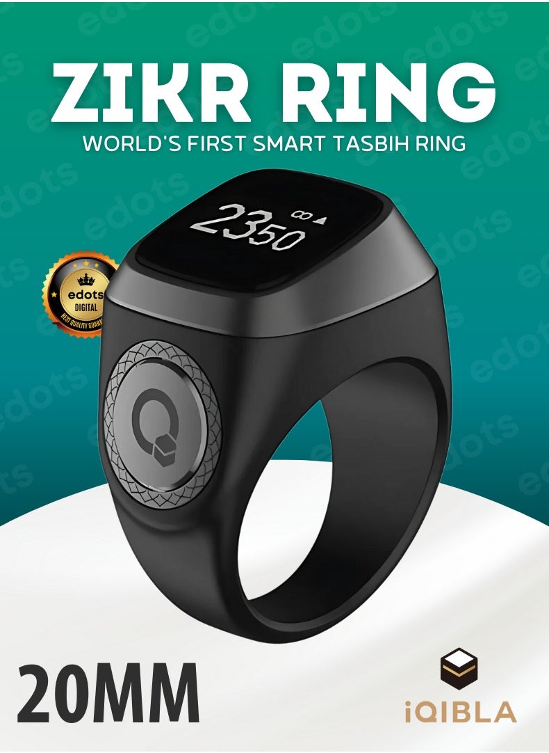iQIBLA Smart Zikr Ring | 20 MM Prayer Counter, Tasbih Counter & Muslim Prayer Time Reminder | Waterproof Wearable Technology | Black and Gray  - Image 1