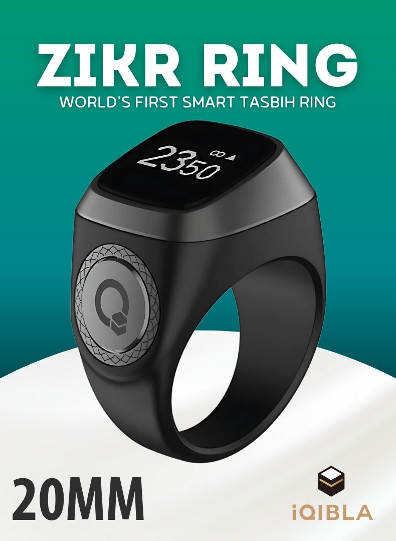 iQIBLA Smart Zikr Ring | Lite | 20 MM Prayer Counter, Tasbih Counter & Muslim Prayer Time Reminder | Waterproof Wearable Technology | Black and Gray