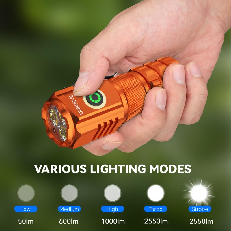 UNROEVS XC06 Mini Flashlight Rechargeable,Pocket Flashlight with Magnet,Super Bright Small Compact Flashlight,5 Modes EDC Flashlight for Camping,Emergency. (1, Orange) - Image 2
