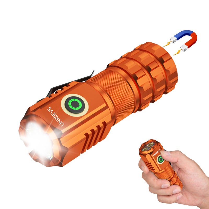 UNROEVS XC06 Mini Flashlight Rechargeable,Pocket Flashlight with Magnet,Super Bright Small Compact Flashlight,5 Modes EDC Flashlight for Camping,Emergency. (1, Orange) - Image 1