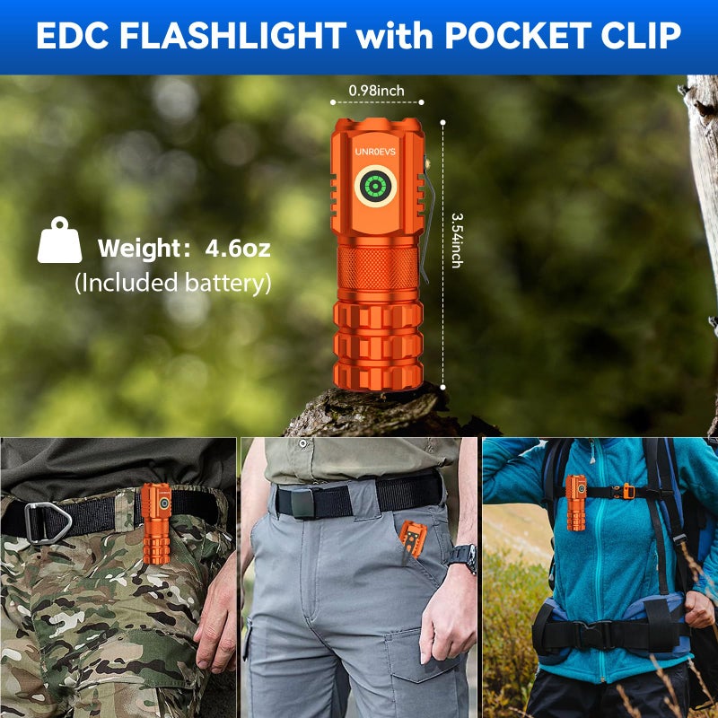 UNROEVS XC06 Mini Flashlight Rechargeable,Pocket Flashlight with Magnet,Super Bright Small Compact Flashlight,5 Modes EDC Flashlight for Camping,Emergency. (1, Orange) - Image 4