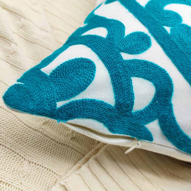 Alysheer Embroidered Decorative Throw Pillow Covers 18"x18" Set of 2 Pieces, Boho Classic Mandala Knit Pattern, Durable 100% Cotton Canvas Cushion Cases for Sofa Couch Living Room Gifts (Teal Blue) - Image 5