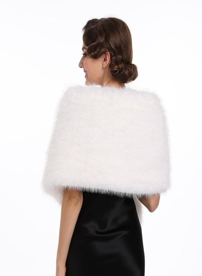 SAFERIN Women Luxurious Large Winter Faux Fur Scarf Wrap Collar Shrug for Lady Poncho Wedding Dinner Party (Shawl-Soild White) - Image 2