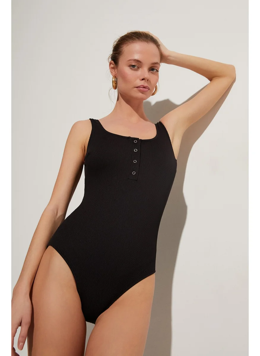 JUNE Snap Detailed Ribbed Swimsuit