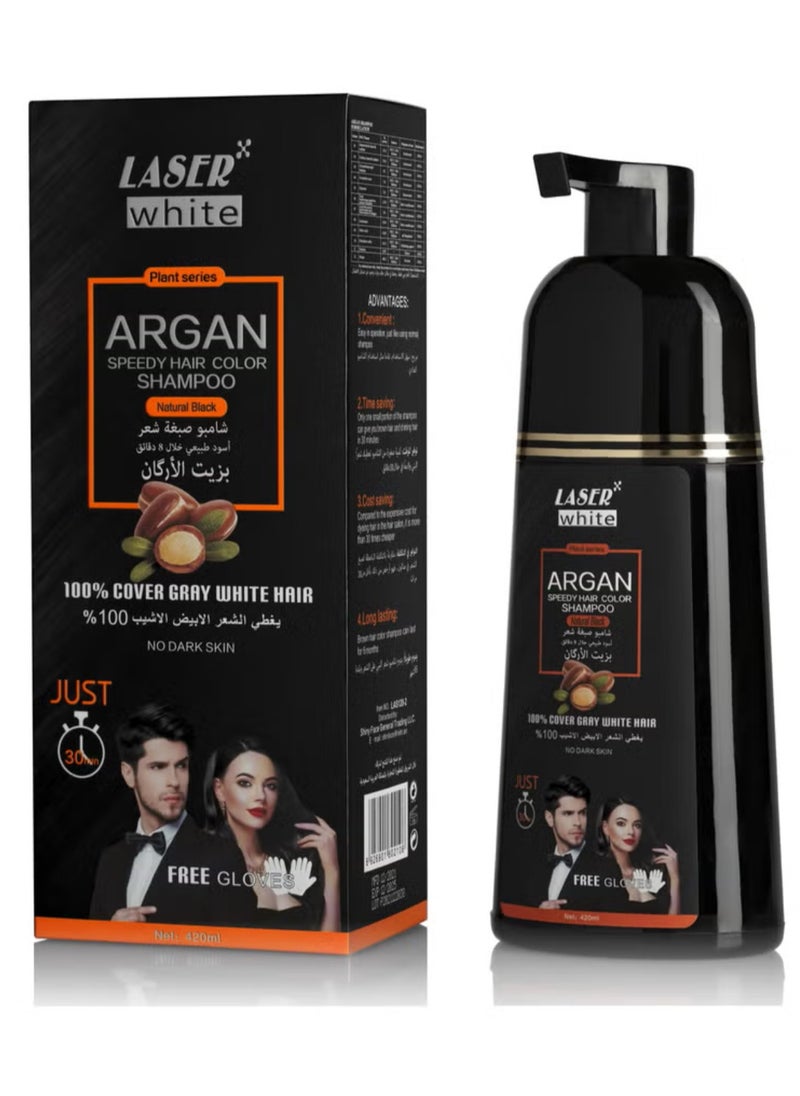 LASER WHITE Shampoo With Argan Oil Fast Coloring And Covering Gray Hair Natural Black 420ml  - Image 1