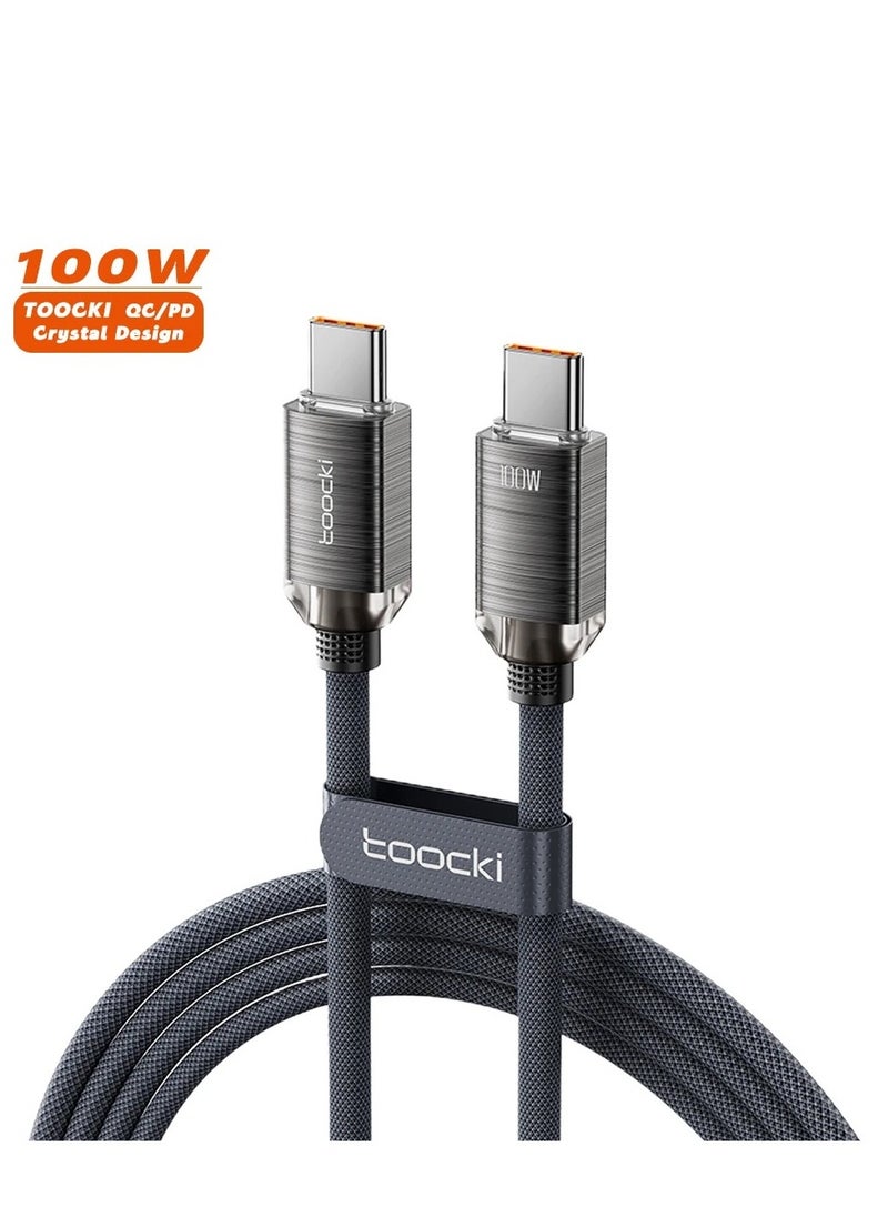 toocki كابل USB C إلى C جديد من Toocki باللون الأسود كابل شحن سريع للبيانات 100 وات من النايلون المضفر المصنوع من الألومنيوم الكريستالي بسرعة 480 ميجابت في الثانية لهاتف lPhone 15/15 Pro/15 Plus، MacBook Pro، Galaxy S23/S22  - Image 1