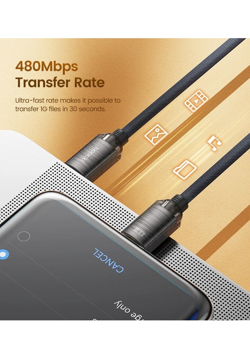 toocki كابل USB C إلى C جديد من Toocki باللون الأسود كابل شحن سريع للبيانات 100 وات من النايلون المضفر المصنوع من الألومنيوم الكريستالي بسرعة 480 ميجابت في الثانية لهاتف lPhone 15/15 Pro/15 Plus، MacBook Pro، Galaxy S23/S22  - Image 3