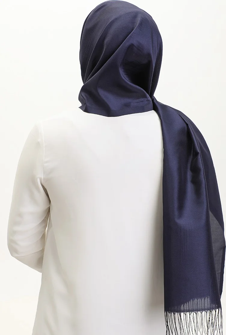 Sefa Merve Tassel Taffeta Shawl 1267-42 Navy Blue