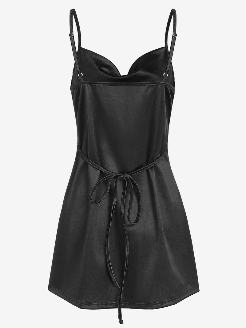 ZAFUL Women's Satin Sleeveless Spaghetti Strap Mini Dress Sexy Slip Cowl Neck Silky Cocktail Party Dresses(Black,S) - Image 3