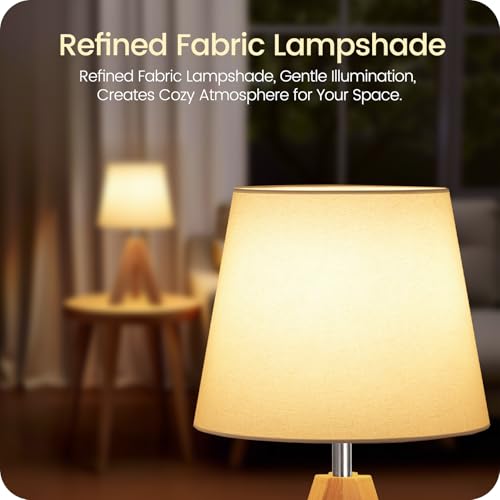 GOEBLESON Small Tripod Table Lamp, Modern Nightstand Lamp with Fabric Shade, Boho Bedside Wood Desk Light for Bedroom, Kids Room, Living Room, Office, Study, White, W51TL05 - Image 3