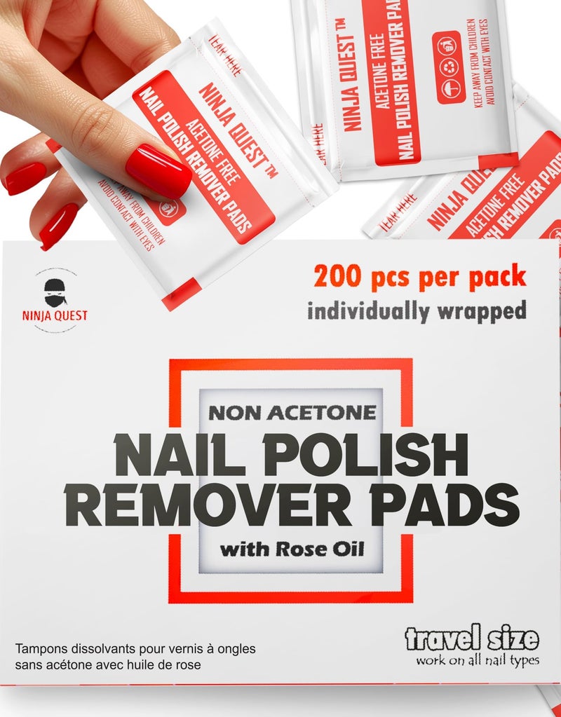 NINJA QUEST Nail Polish Remover Pads 100% Non Acetone - 200 Pack of Individually Wrapped Bulk Set Gel Nail Polish Remover Wipes - Fingernail Travel Kit to Clear Nail Polish for Home & Professional Removal - Image 1